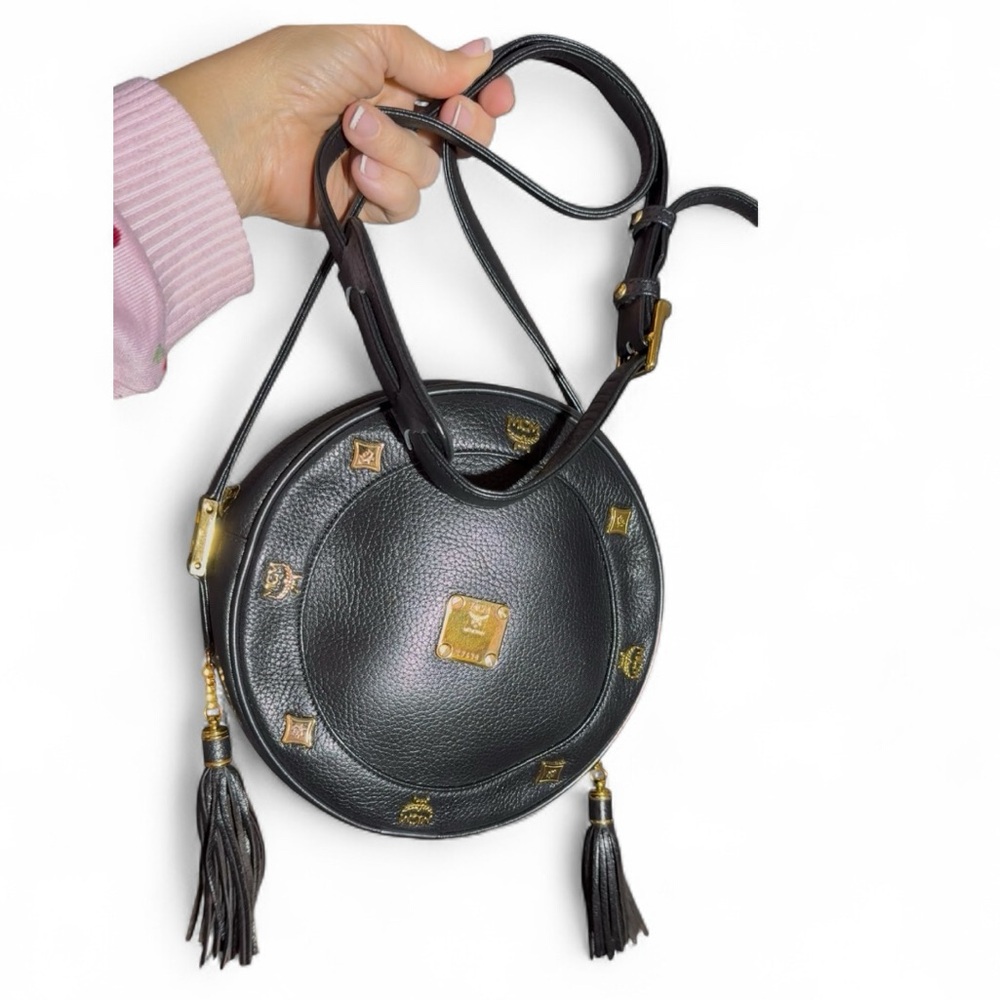MCM Round Tambourine Crossbody Bag Black Leather Gold Studs & Tassel Detail EUC